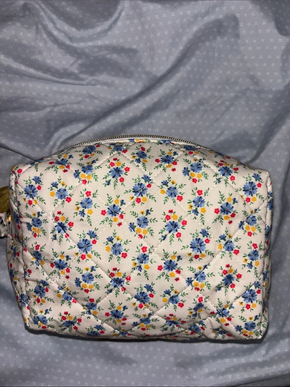 Marshalls Floral Quilted Cosmetic Pouch - Cream with Blue, Red & Yellow Accents